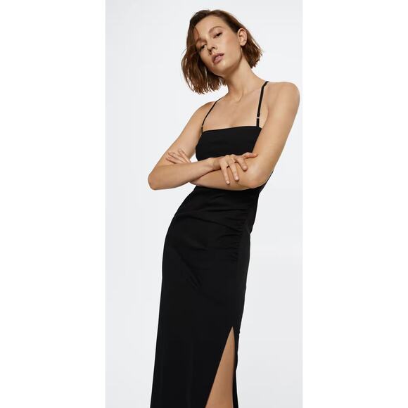 MNG Mango Ruched Midi Dress Womens Size 10 Square Neck New Black Sleeveless - Picture 5 of 16